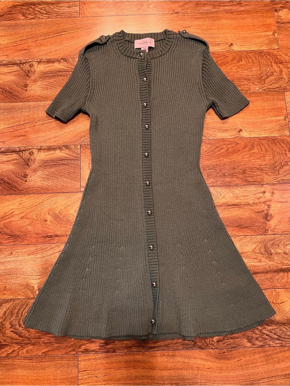 French Connection Olive Green Ribbed Button-Front Midi Dress
